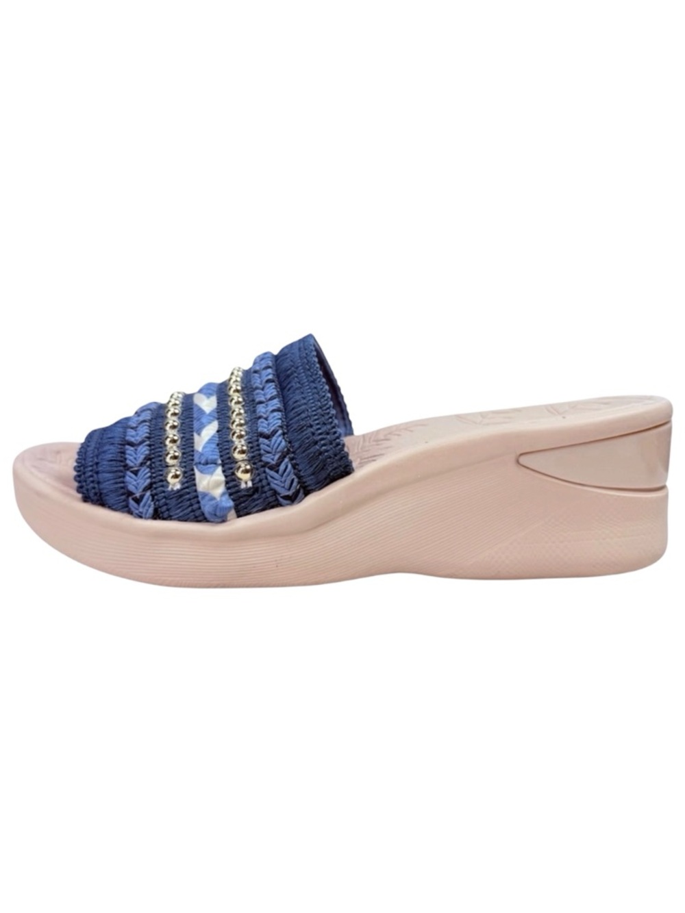 BZees Sunshine Beaded Wedge Slide Sandals Navy Blue Size 5 Boho Coastal Resort